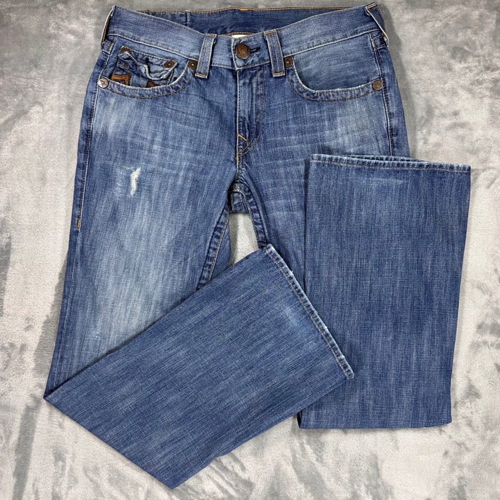 True Religion Billy Bootcut Jeans Mens 33 Blue Leather Horseshoe Made in USA